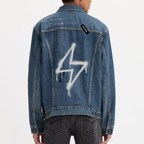 Levi Jacket. Trucker jacket with lightning bolt on back. Mental Health Apparel. Stresse Collective brand.