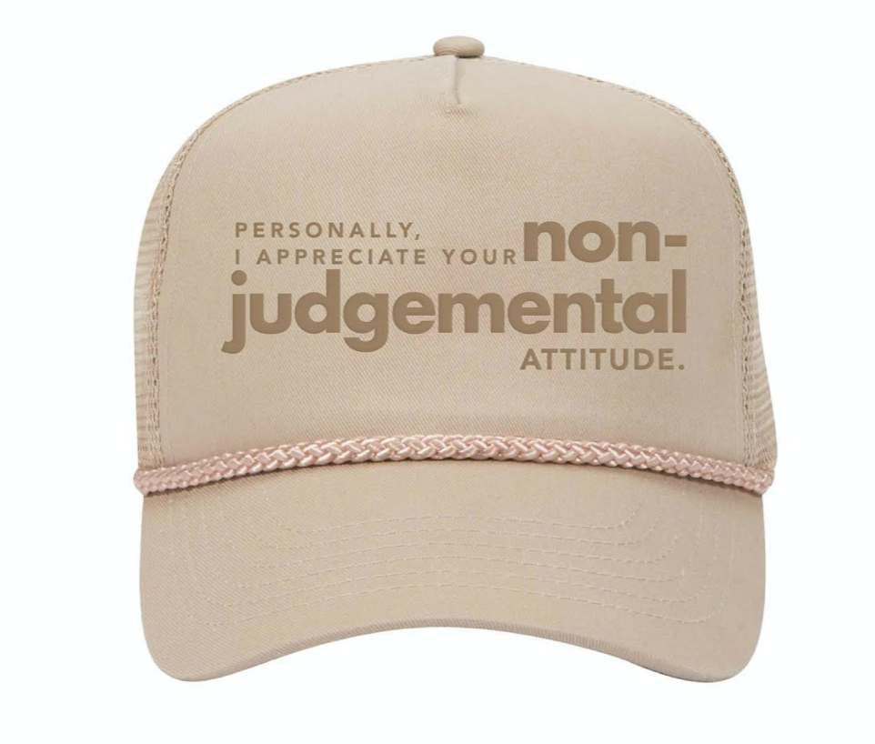 judgemental attitude" trucker hat front  angle 